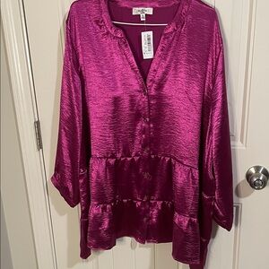Moa Moa Fuchsia Satin Button-Front Tiered Tunic